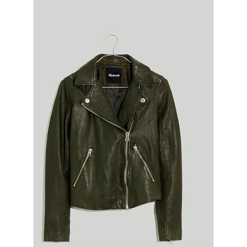 Madewell Womens $525 Washed Leather Motorcycle Jacket Dark Forest Size XXS E0488